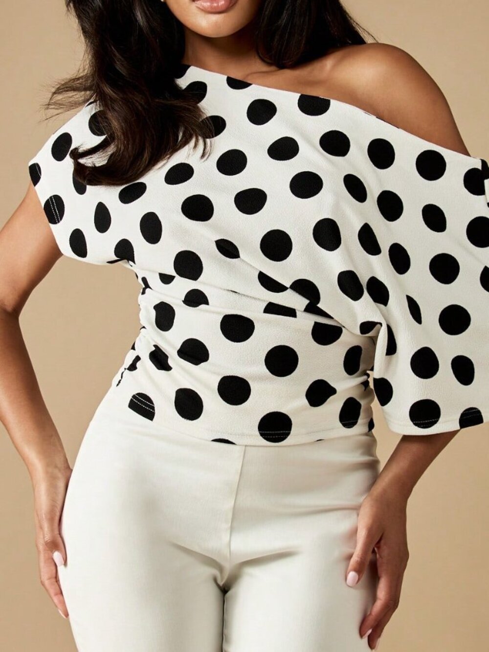 Black And White Casual Women's Polka Dot One Shoulder Blouse